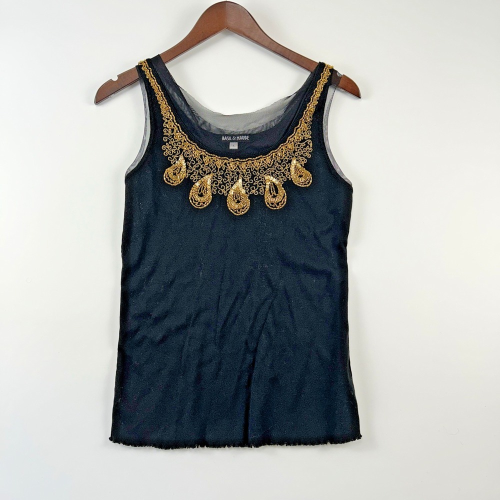Anthropologie Basil & Maude Beaded Tank Top Size L Black Mesh Trim Ribbed Classy